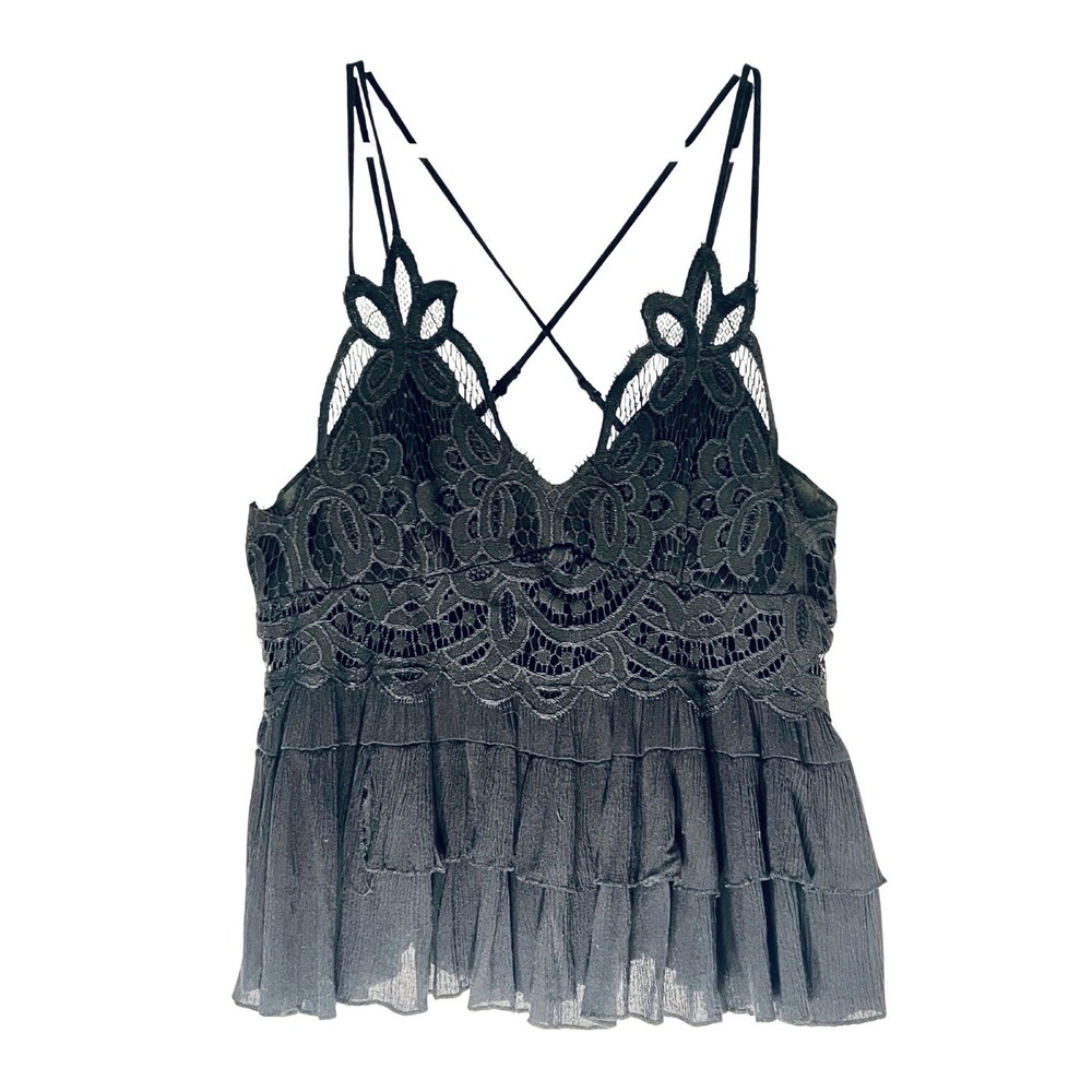 Mi Ami Black Boho Lace Tiered Ruffle Cami Tank Top Size L Strappy Festival